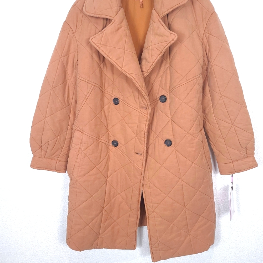 AVEC LES FILLES Quilted Doubled Breasted Cozy Camel Tan Coat Jacket - Picture 15 of 16